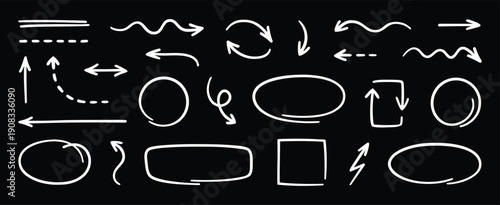 Hand drawn arrows and shapes icon set for creative design. Sketch style symbols include lines, circles, frames, and direction marks for presentations and layouts. Bold chalk look adds expressive 