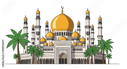 A vibrant vector illustration capturing the grand architecture of a magnificent mosque, featuring a prominent golden dome, multiple towering minarets, and surrounding palm trees clean white background
