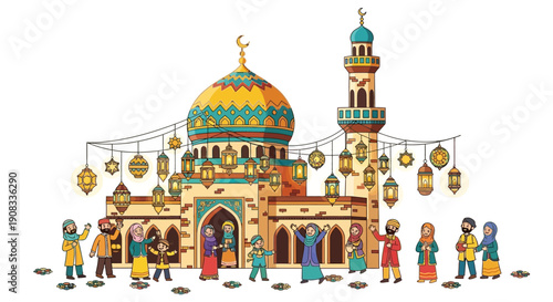 Joyful Community Celebration for Ramadan or Eid at the Mosque Entrance