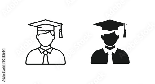 A pair of simple black and white line art icons depicting graduating students with caps and gowns high quality professional