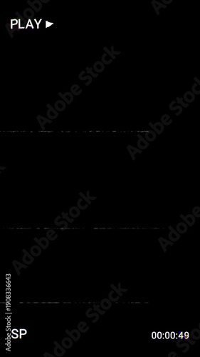 Vertical Animated Play VHS video tape glitch effect with black background