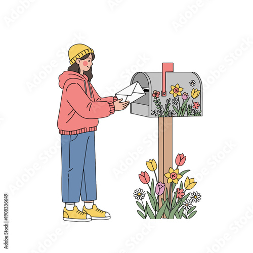 A person sending letter via mailbox with floral