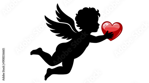 A silhouette of Cupid with wings, holding a glowing red heart