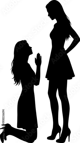Two women silhouettes representing different emotional states. The standing woman seems indifferent while the other one is kneeling and holding her hands up