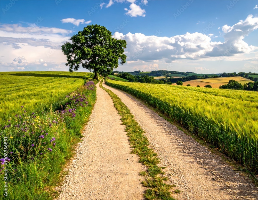 Obraz premium Serene Country Pathway Through Fields and Greenery Under Blue Sky