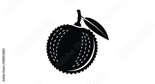 A stark black and white illustration depicts a durian fruit with a single leaf showcasing its textured exterior high quality