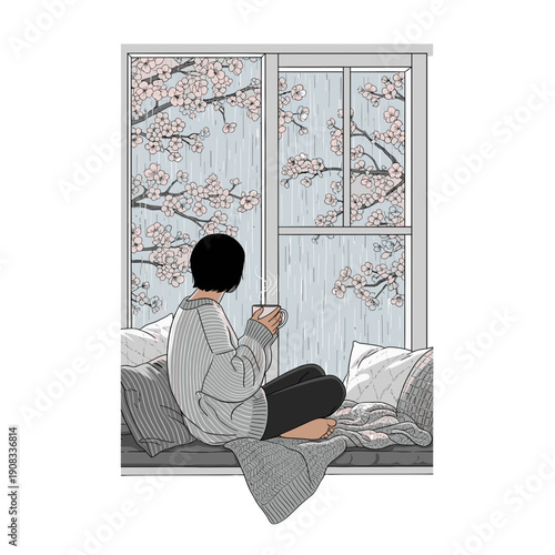 A person sitting at the window, drinking coffee. The person is enjoying the view of cherry blossom season while it's raining