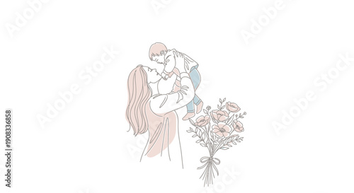 Vector illustration of a romantic couple embracing with bouquet of flowers, for love or wedding banner, poster, or social media