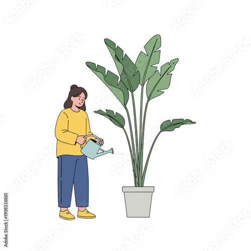 A woman carefully waters a potted plant with a watering can, showing a passion for nurturing nature
