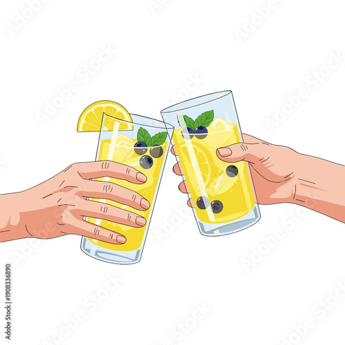 Two hands raising the glasses and toasting with lemonade
