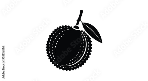 A stark black and white illustration depicts a durian fruit with its characteristic spiky exterior and leaf high quality professional