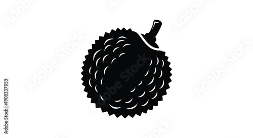 A stark black silhouette depicts a durian fruit against a clean white background showcasing its spiky exterior