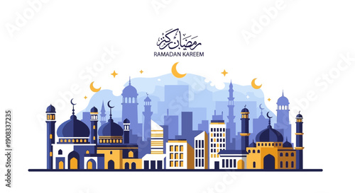 Vibrant flat design illustration capturing the serene essence of Ramadan Kareem, depicting an illuminated cityscape with traditional mosques under a crescent moon