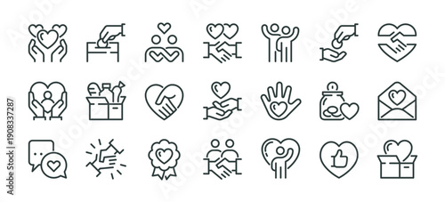 Charity giving, donate money outline icons pack. Line signs volunteering and giving, support donation or friendly handshake. Thin vector icons set perfect for web infographic business social projects.