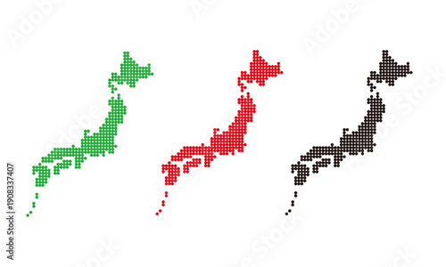 ドットで表現した日本地図のシンプルなベクターイラスト（3色セット）