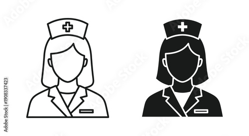 A black and white illustration depicts two faceless nurse icons in various shades representing healthcare professionals high quality