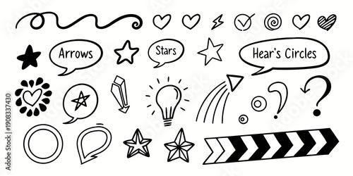 A collection of hand-drawn black ink doodles on a plain white background. It features a variety of graphic elements commonly used for brainstorming or journaling, including