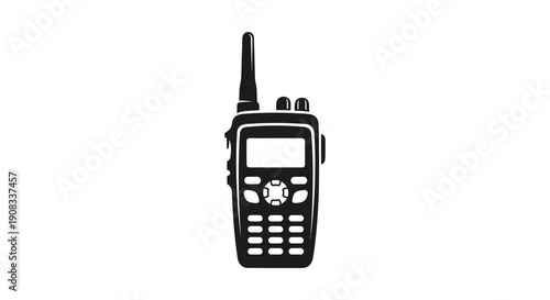A minimalist black and white illustration depicts a walkie talkie emphasizing its communication and portable design features high quality