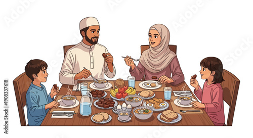 A heartwarming illustration captures a loving Muslim family sharing a traditional Iftar meal together, celebrating unity, cultural heritage, and togetherness during a significant family gathering
