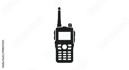 A stark black silhouette depicts a handheld walkie talkie showcasing its antenna screen and button layout high quality professional