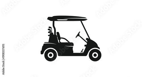 A simple black silhouette depicts a golf cart showcasing its basic form and features against a white background