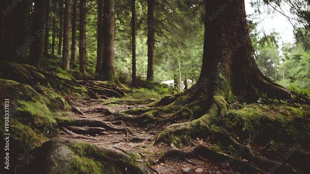 Obraz premium Forest Path with Exposed Tree Roots and Mossy Ground.