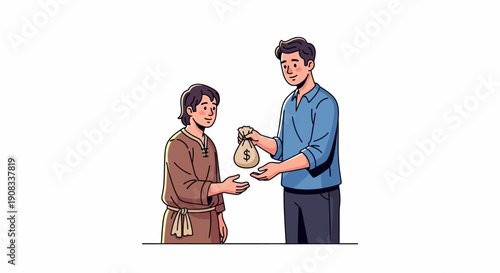Generous man giving money bag to another person, symbolizing charity and financial aid