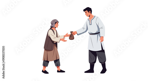 A man in traditional clothing gives a small pouch of coins to another man, depicting a transaction or act of charity