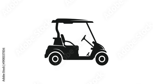 A minimalist black silhouette showcases a golf cart featuring its wheels seats and roofline on white high quality