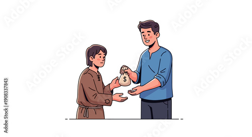Generosity and kindness shown as one person gives a money bag to another, symbolizing financial assistance and support