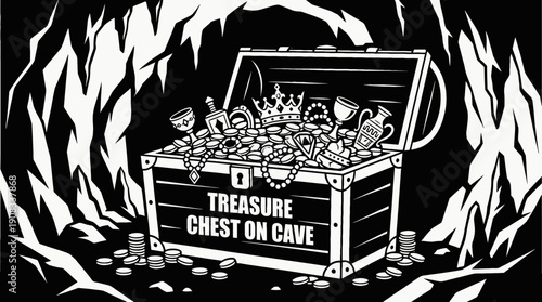 treasure chest with gold coins antique jewelry and historic artifacts glowing inside dark cave environment symbolizing wealth luxury discovery adventure mystery and hidden fortune