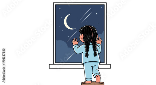Young child in pajamas looking out a window at the night sky with a crescent moon and stars