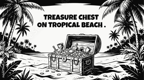 Treasure chest filled with gold coins antique jewelry and valuable artifacts resting on tropical beach sand representing wealth luxury discovery adventure mystery and pirate fortune