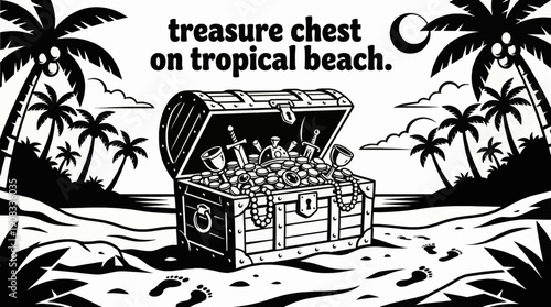 Treasure chest filled with gold coins antique jewelry and valuable artifacts resting on tropical beach sand representing wealth luxury discovery adventure mystery and pirate fortune