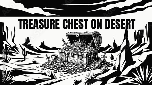 treasure chest overflowing with gold coins antique jewelry and historic artifacts placed in vast desert landscape symbolizing wealth luxury discovery adventure mystery fortune under dramatic sky