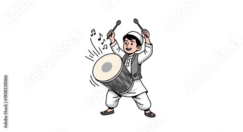 Joyful young boy in traditional attire enthusiastically playing a drum with drumsticks, creating festive music, ideal for cultural celebrations and events