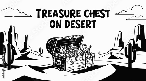 treasure chest overflowing with gold coins antique jewelry and historic artifacts placed in vast desert landscape symbolizing wealth luxury discovery adventure mystery fortune under dramatic sky