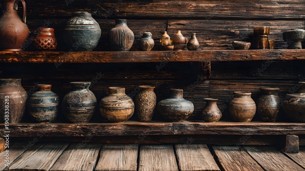 Fototapeta premium Collection of Ancient Pottery and Ceramic Vases on Wooden Shelves.