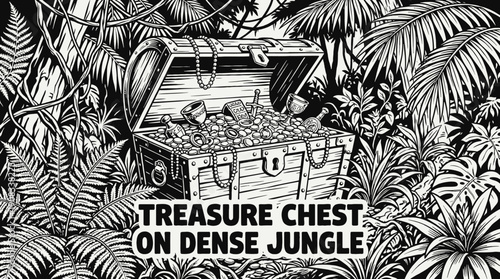 treasure chest filled with gold coins antique jewelry and valuable artifacts hidden in dense jungle landscape expressing wealth luxury discovery adventure mystery pirate fortune among tropical plants