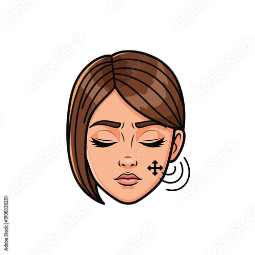 Dental or Jaw Pain Illustration: Woman suffering from throbbing facial discomfort, earache, or TMJ disorder symptoms. Isolated vector icon.