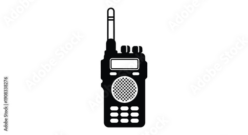 A minimalist black and white illustration depicts a handheld walkie talkie showcasing its antenna and buttons high quality professional