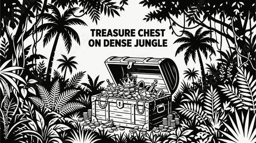 treasure chest filled with gold coins antique jewelry and valuable artifacts hidden in dense jungle landscape expressing wealth luxury discovery adventure mystery pirate fortune among tropical plants