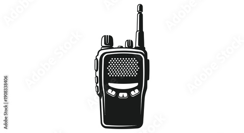 A detailed black and white illustration of a handheld two way radio with an extended antenna high quality professional