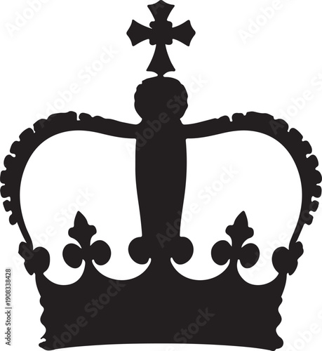 Intricate black and white illustration of a regal crown with a cross on top
