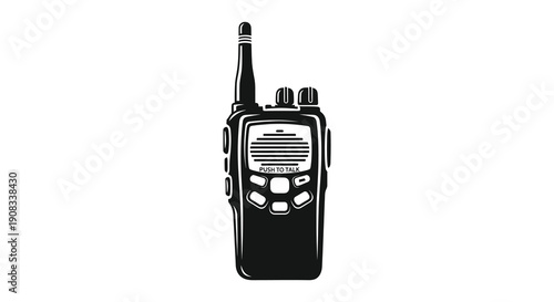 A detailed black and white illustration showcases a handheld walkie talkie with visible buttons and antenna high quality professional