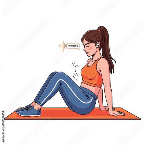 Woman Exercising Core Muscles on Mat, Receiving "Progress" Feedback via Wireless Earbuds. Isolated Fitness Illustration.