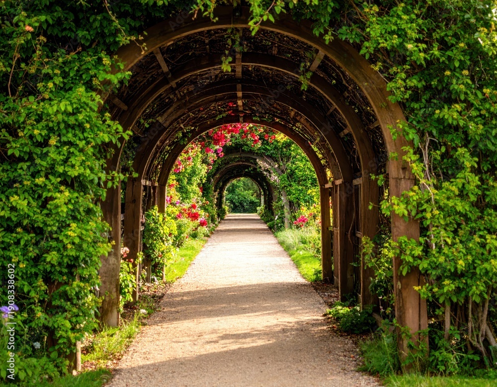 Fototapeta premium Serene Garden Path with Floral Arches and Lush Greenery