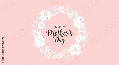 Mother's Day floral wreath logo, Happy Mother's Day text, pink background, vector illustration for greeting card or social media post