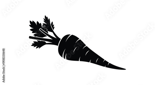 A stark black and white silhouette depicts a single carrot with detailed leafy greens showcasing its natural form high quality