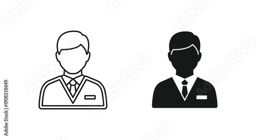 Simple black and white illustration depicting two male headshots one outline and one solid both in suits